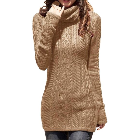 Sweaters - Khaki Turtleneck Bodycon Slim Fitted Cable Knit Long Sweater Size Small Neutral